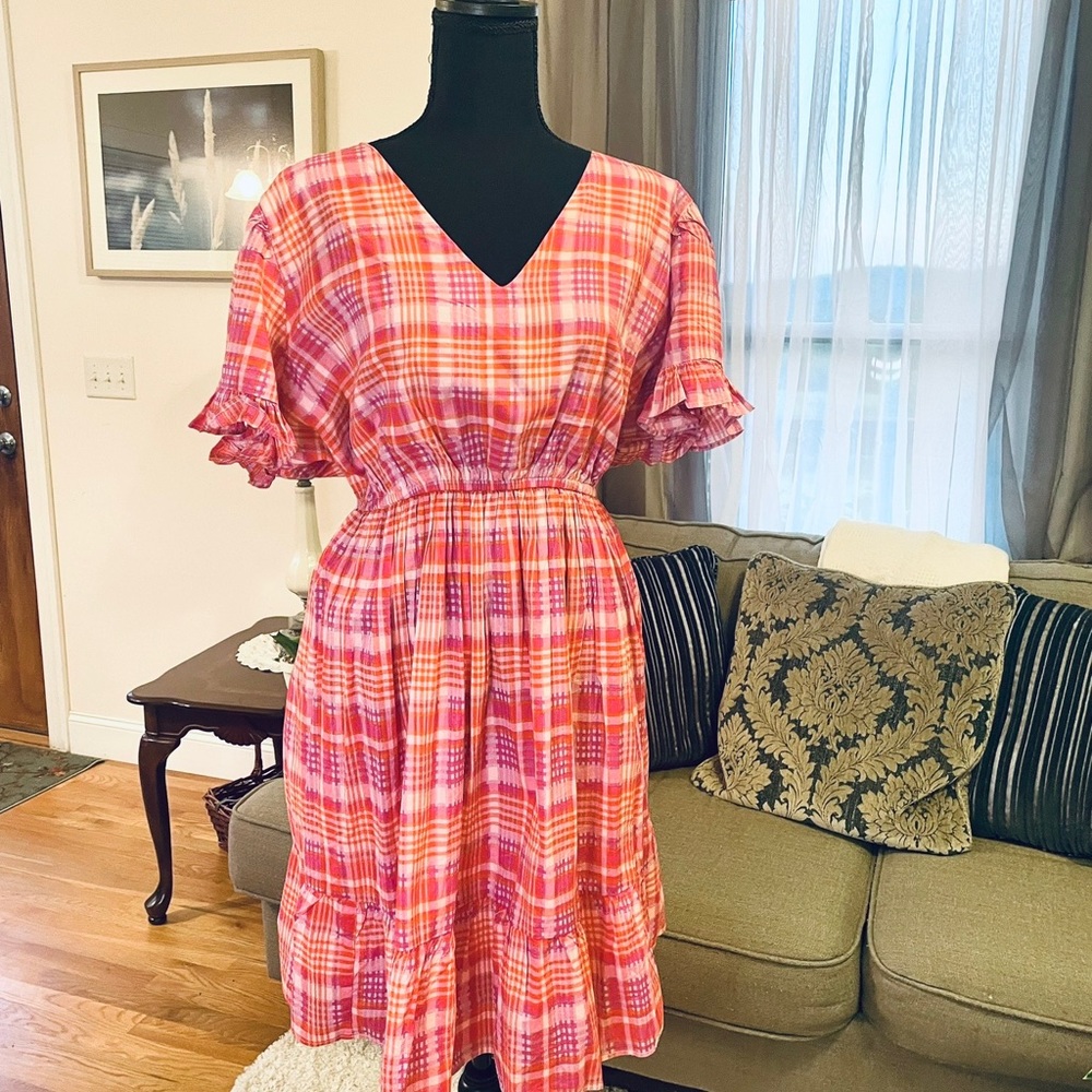 Terra Sky plaid dress. Poplin Plus 1X pink orange lavender plaid. NWOT
